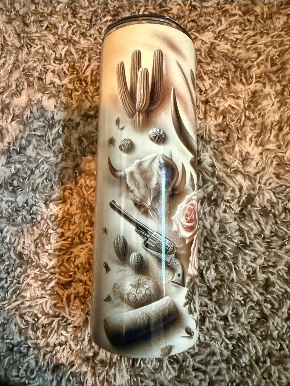 Desert Western Travel Tumbler - Beige Cactus & Revolver Design